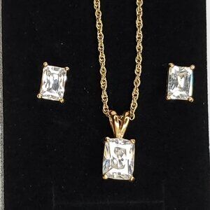 Solitaire CZ Pendant Necklace Post Earring Set Rectangle Cut Goldtone